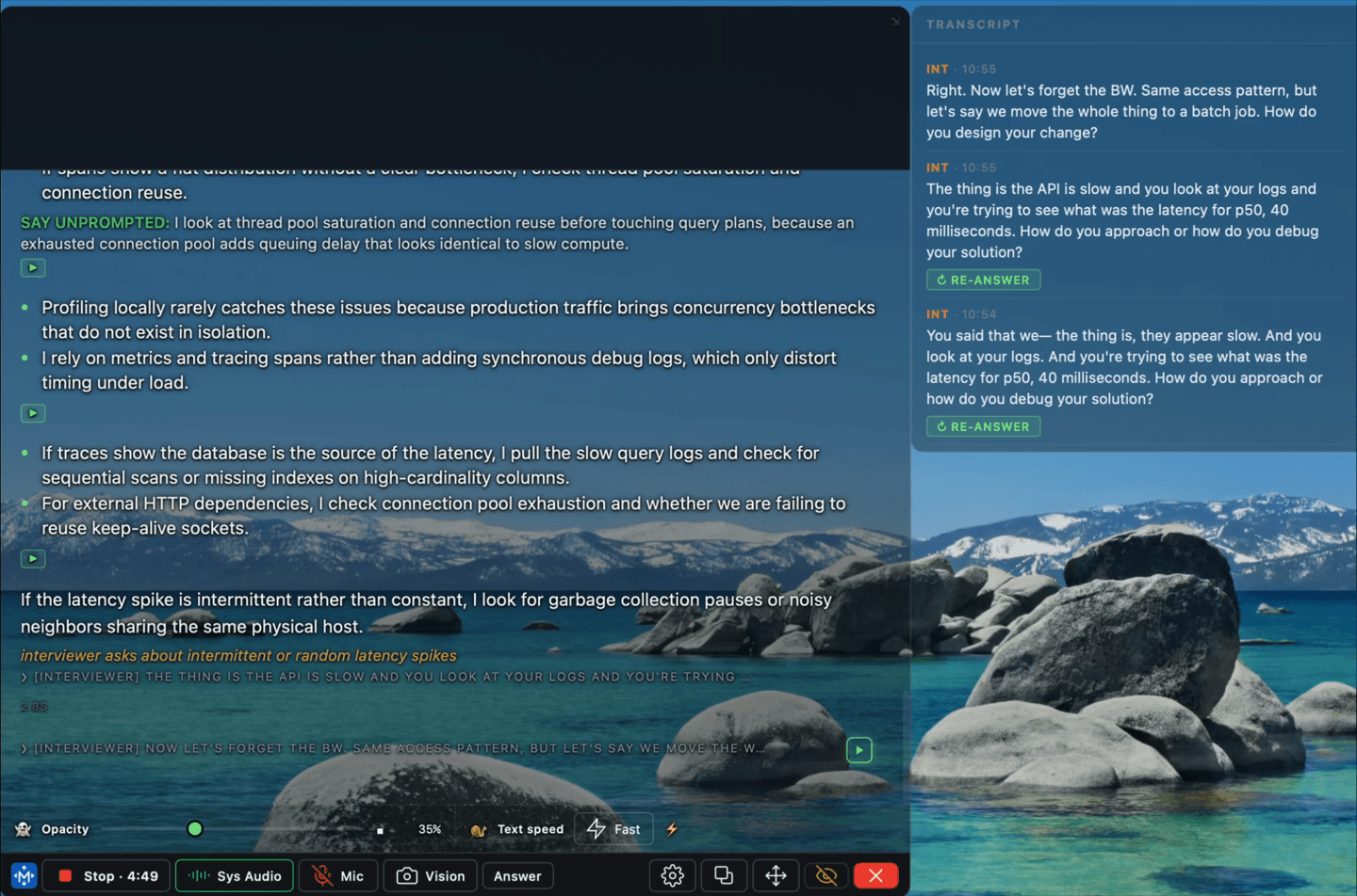 The HUD mid-session: an answer card with its keywords and bullet points, the glance strip running above it, and the live transcript in the panel beside it.