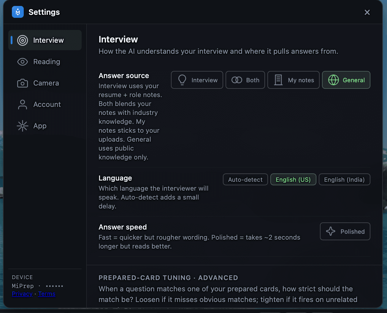 Settings › Interview: answer source (Interview / Both / My notes / General), interviewer language, answer speed, and prepared-card tuning.