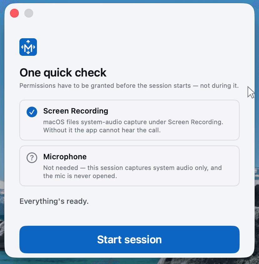 The macOS system check listing microphone and screen-recording permission states.