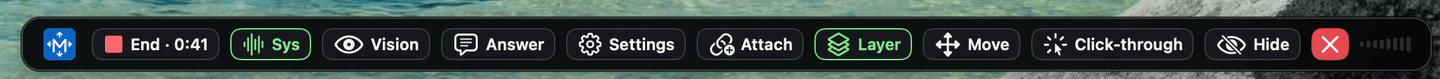 The session bar: End with a running timer, then Sys, Vision, Answer, Settings, Attach, Layer, Move, Click-through, Hide, and quit.