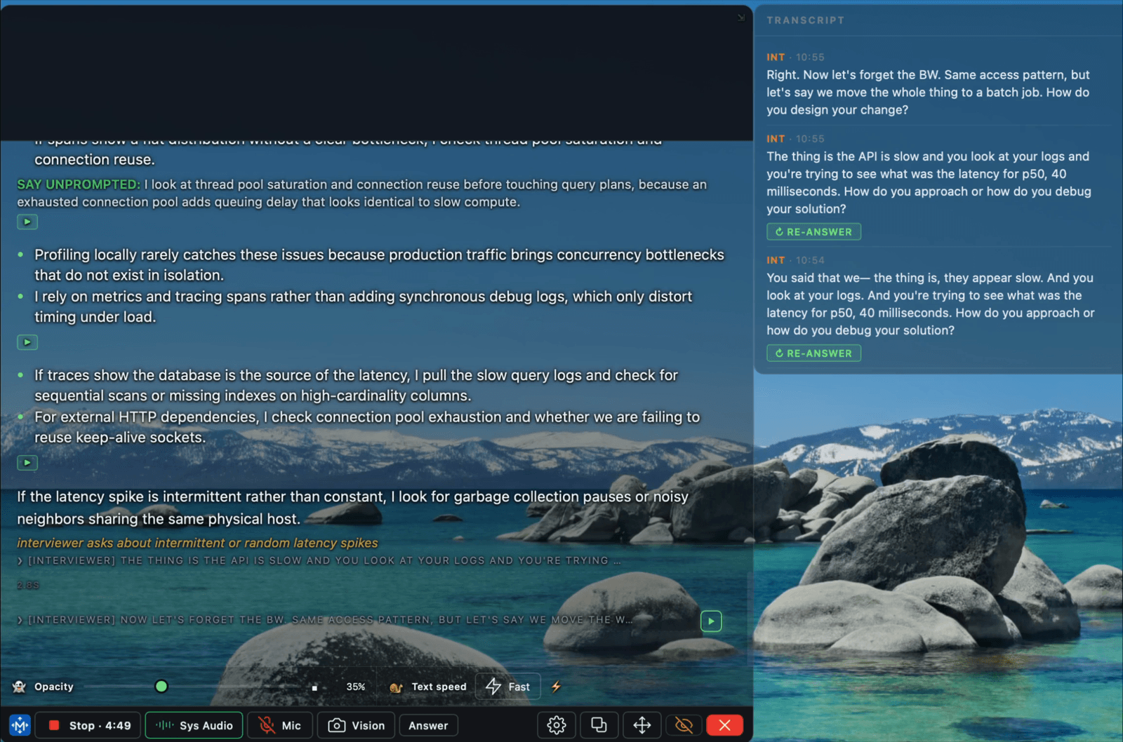 The MiPrep heads-up display during a staged practice session: the answer filling in as it is generated, a rolling word strip above it, and the live transcript in a panel alongside.