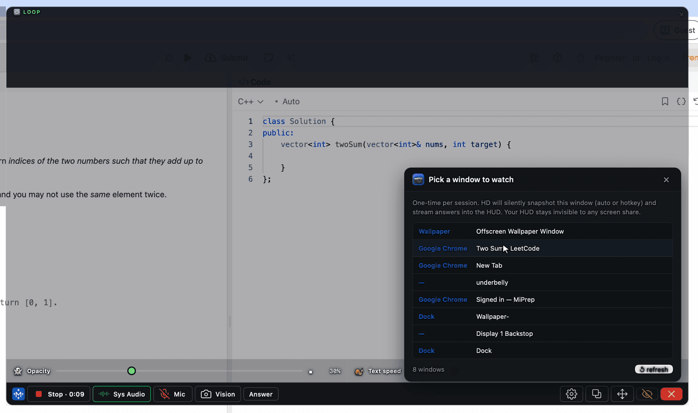 The window picker open over a coding exercise, listing every open window with the HUD toolbar beneath it.