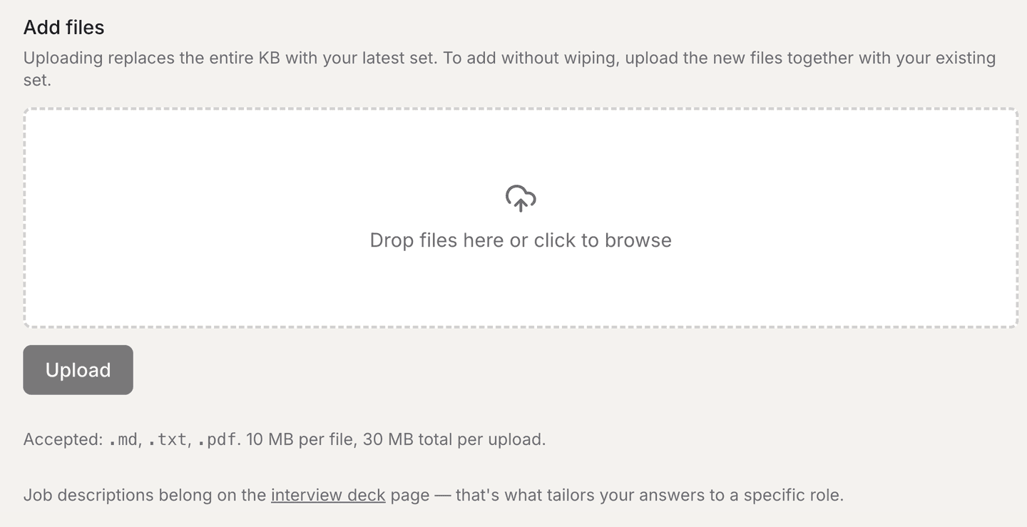 The knowledge base upload area, with a drop zone, an Upload button, and the accepted formats and size limits.