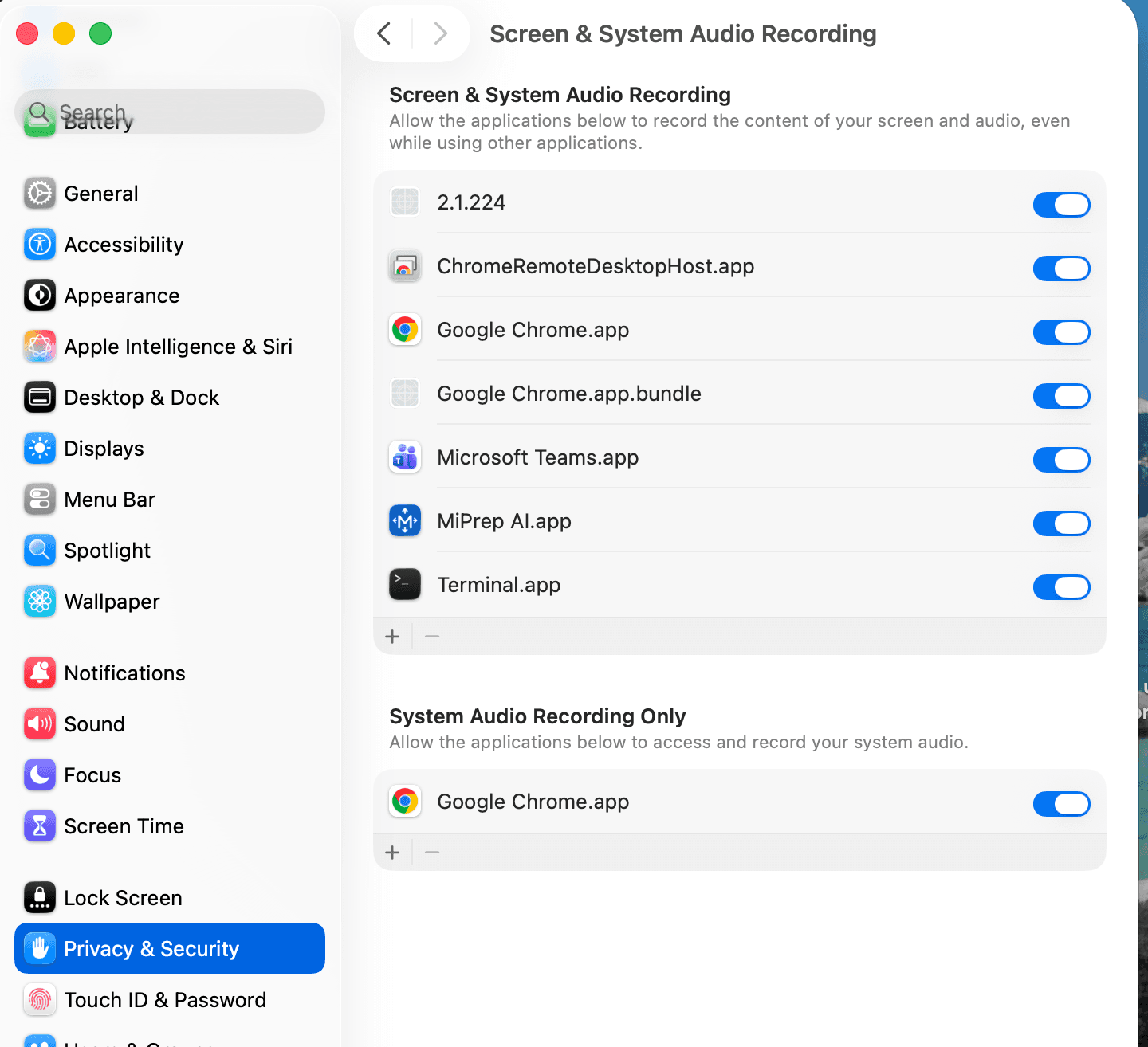 macOS System Settings, Privacy & Security, Screen & System Audio Recording, with MiPrep AI enabled in the list.