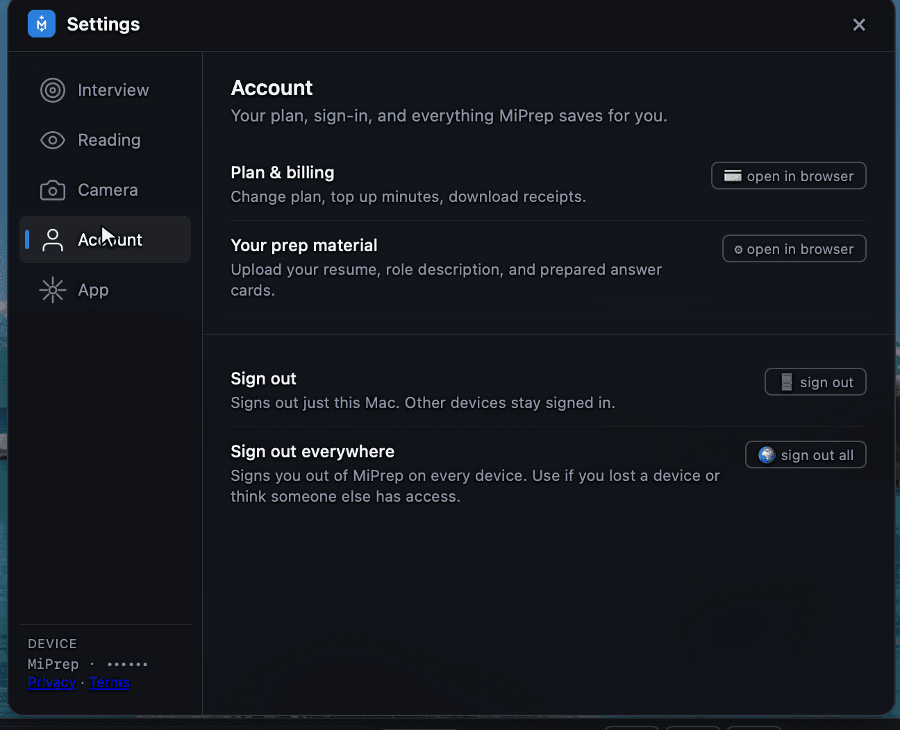 Settings › Account: plan and billing, prep material, sign out on this Mac, and sign out everywhere.