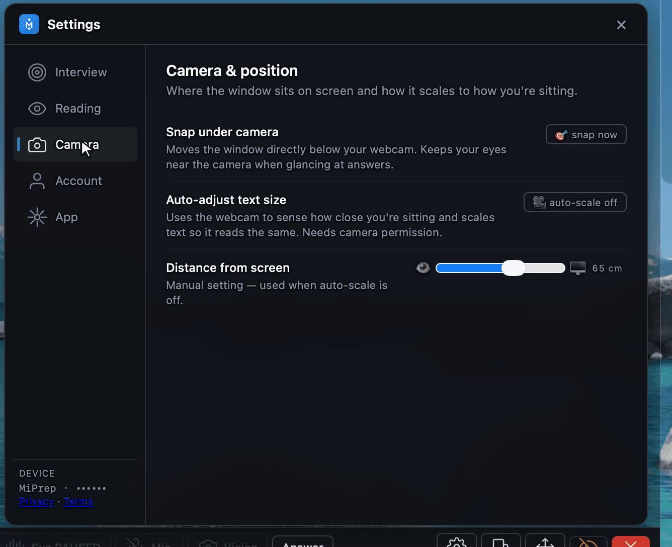 Settings › Camera and position: snap under camera, auto-adjust text size, and manual distance from screen.