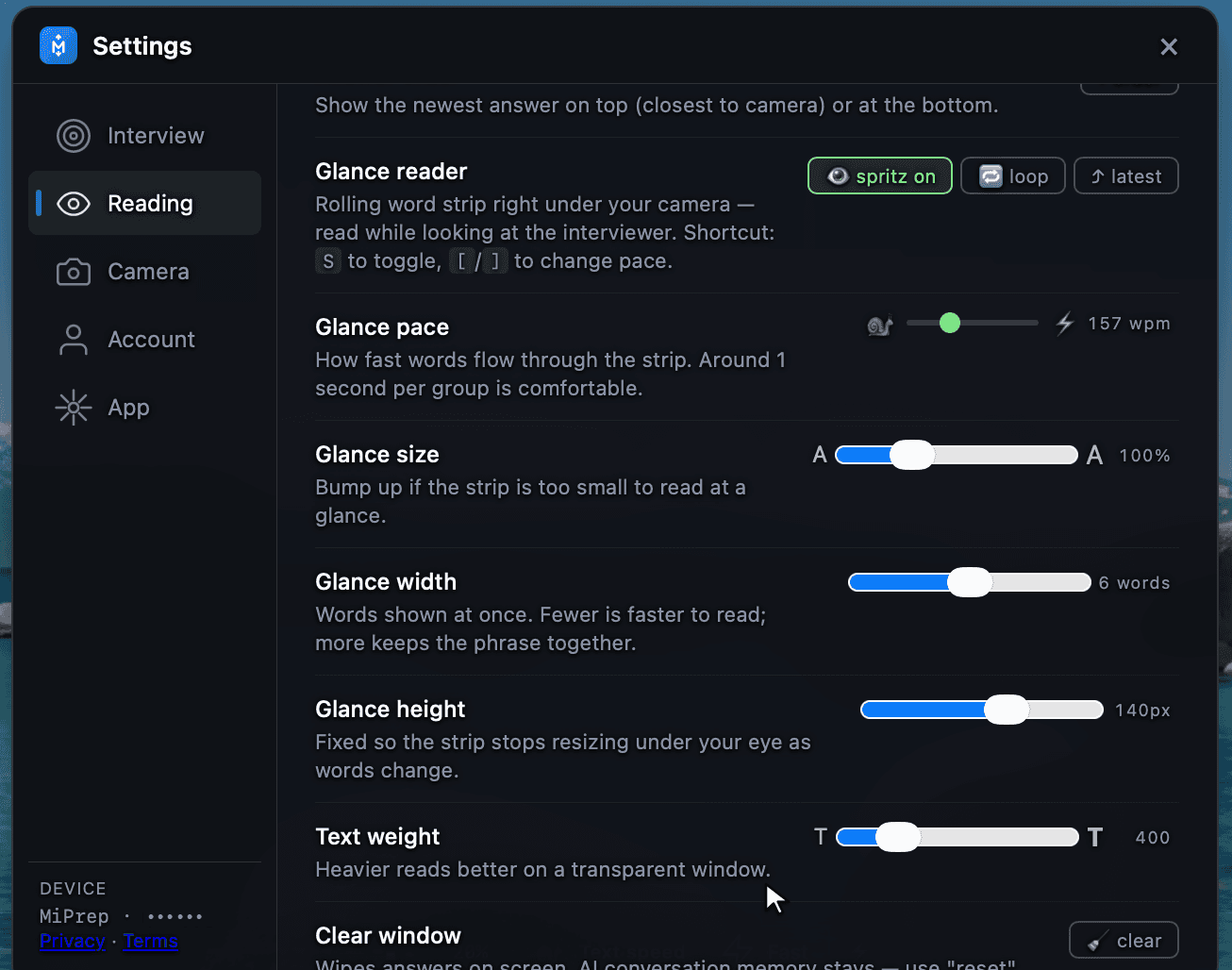 Settings › Reading: glance reader mode, pace in words per minute, size, width, height, text weight, and clear window.