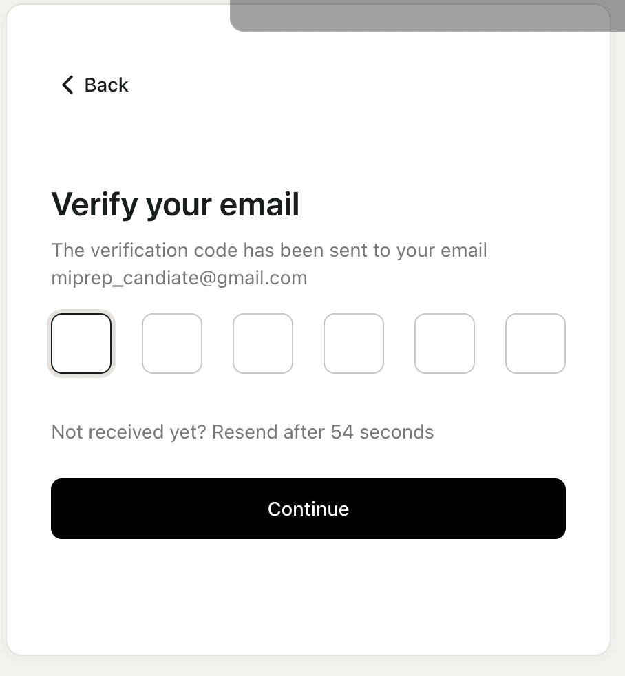 The verification screen with six code boxes and a resend timer.